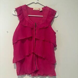 DKNY Pink Ruffle Sleeveless Top XS Full Zip Blouse Festival Party Y2K‎